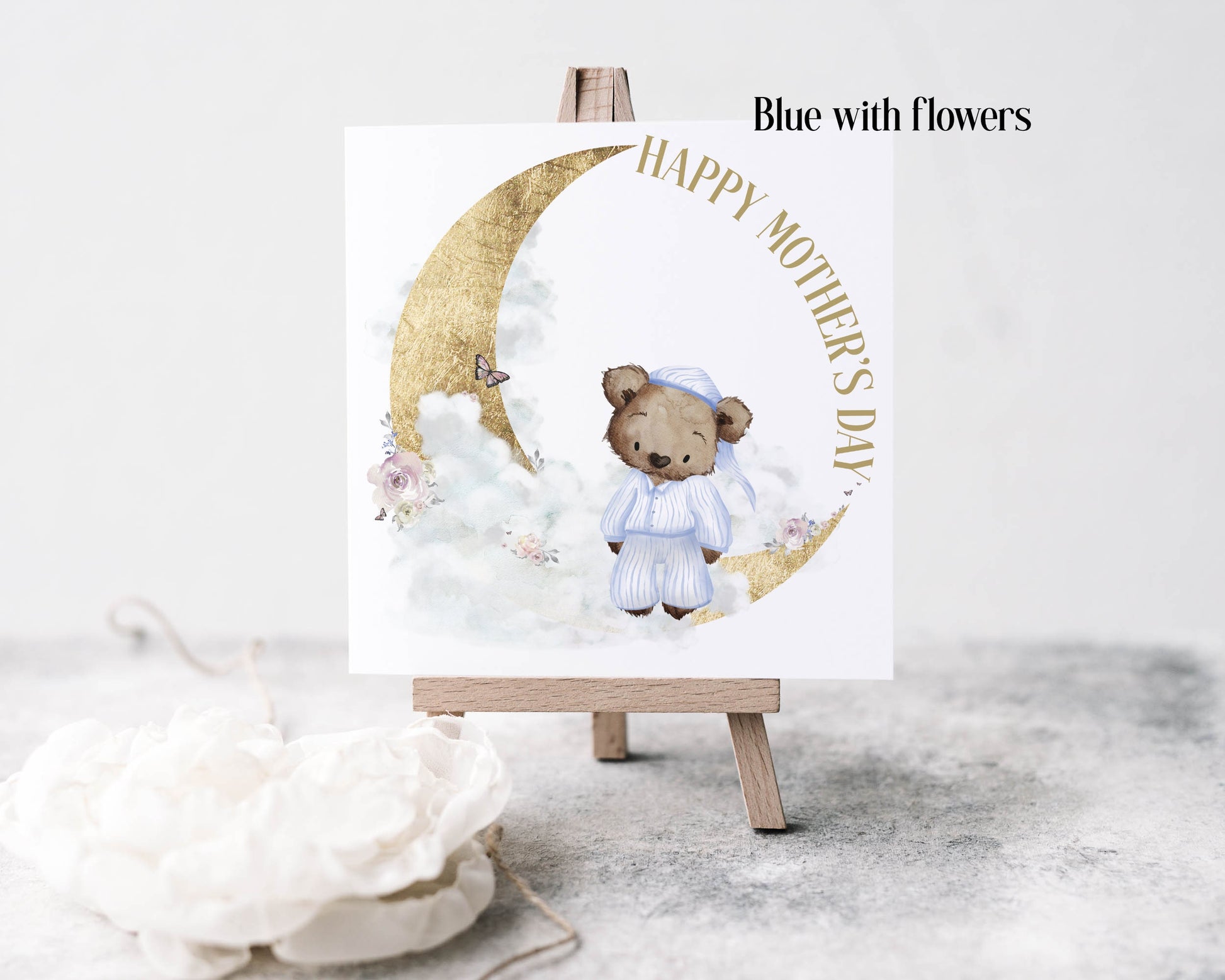 Bear in pj's Mothers Day card, blue with flowers