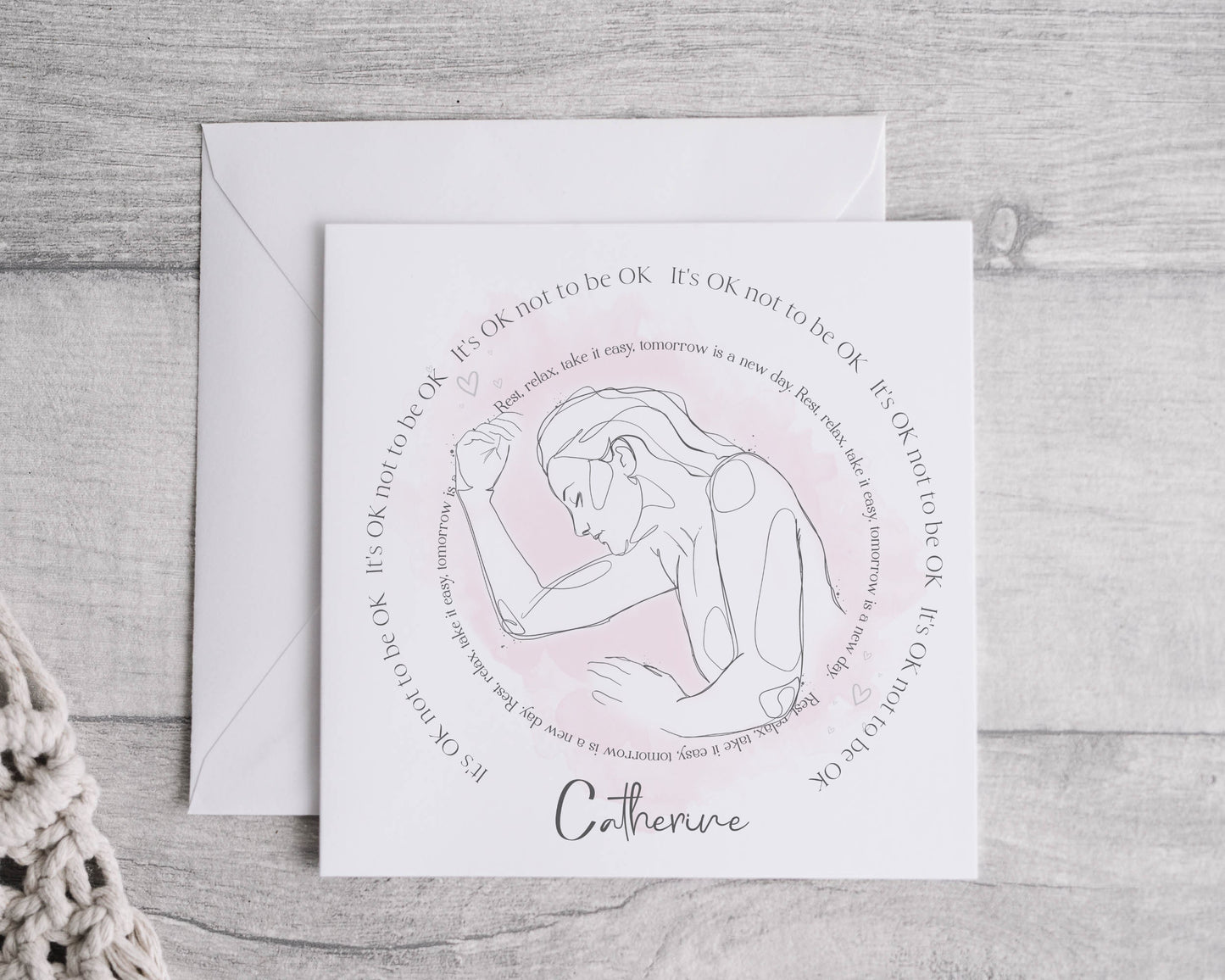 square card with an invisible illness image and circular text 'It's ok not to be ok', 'rest, relax, take it easy, tomorrow is a new day'