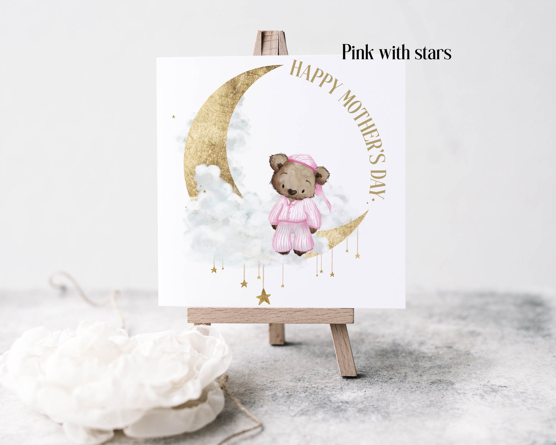 Bear in pj's Mothers Day card, pink with stars