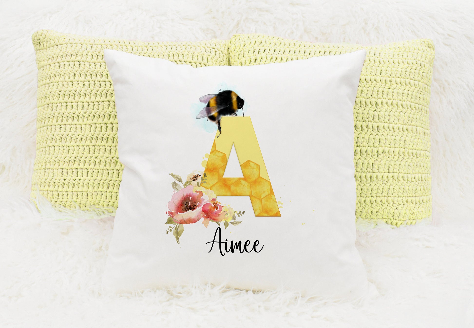 Bumble bee alphabet square cushion with inner