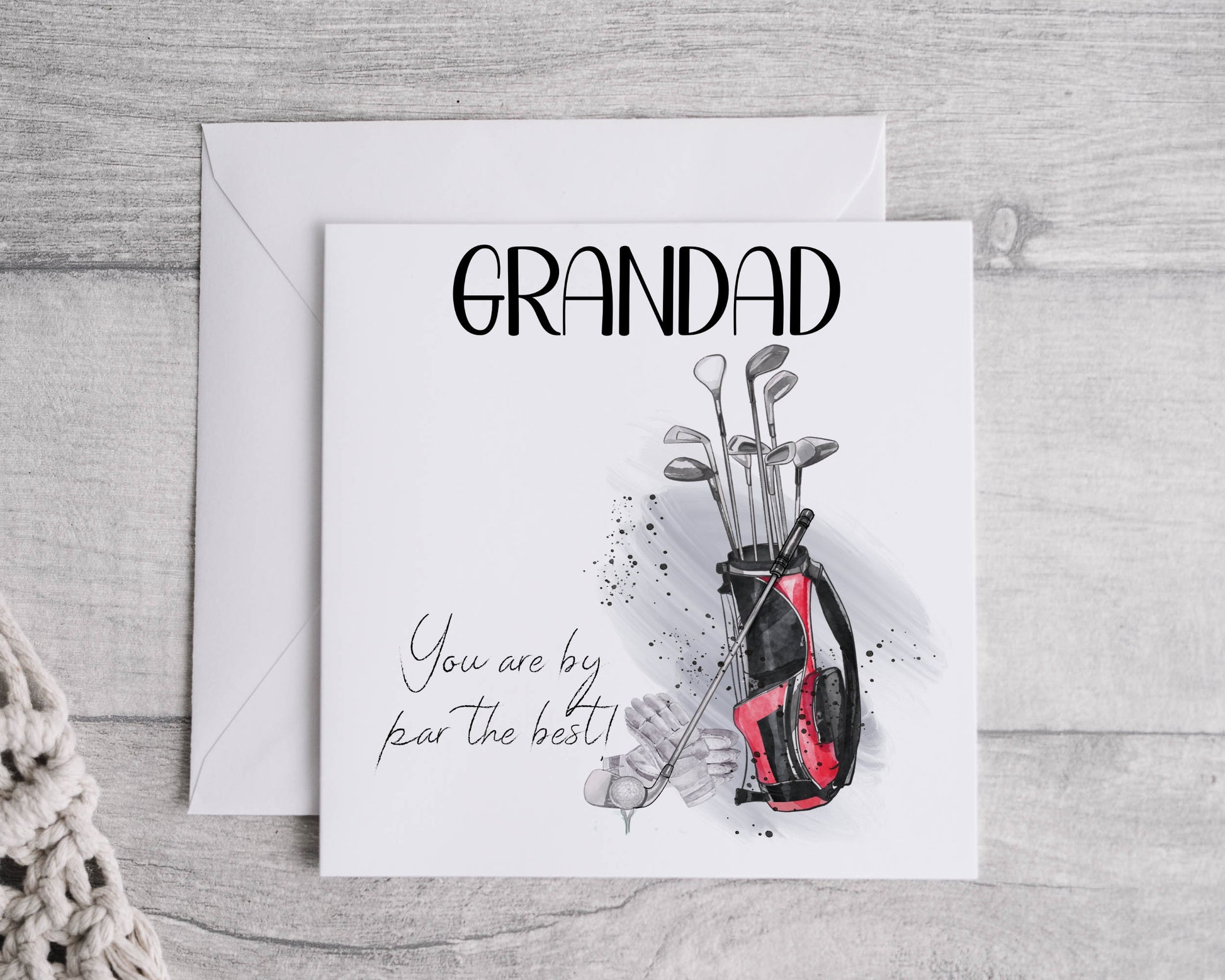 Square greeting card that can be personalised featuring a watercolour design of a golf bag and clubs with the text 'You are by par the best'