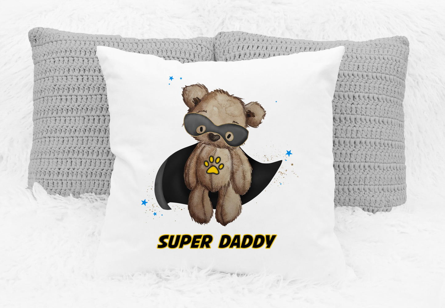 Square cushion featuring a teddy bear wearing a black cape and a black eye mask design. The text reads 'Super daddy'