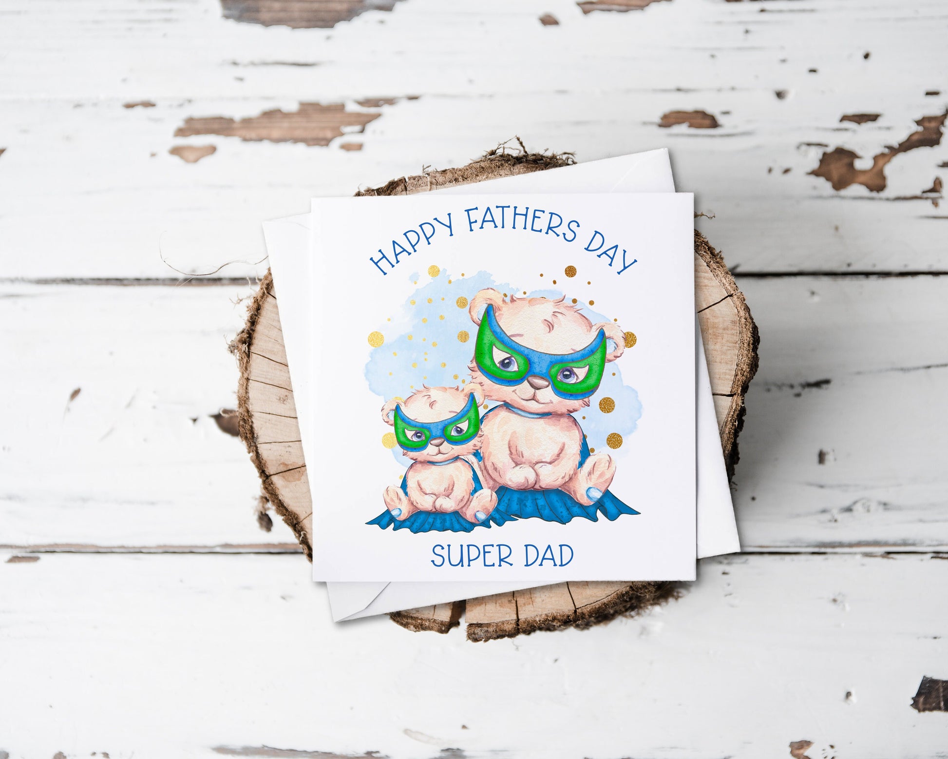 Father's Day greeting card featuring a dad and baby bear in capes and masks.  The text reads 'Happy Father's Day Super Dad'