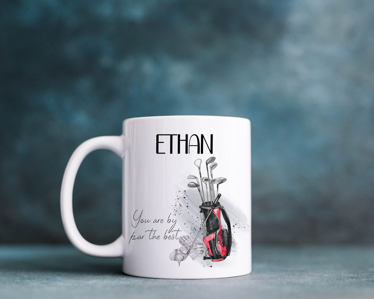 Ceramic mug with a watercolour golf bag and clubs design, the text reads 'You are by par the best' Can be personalised