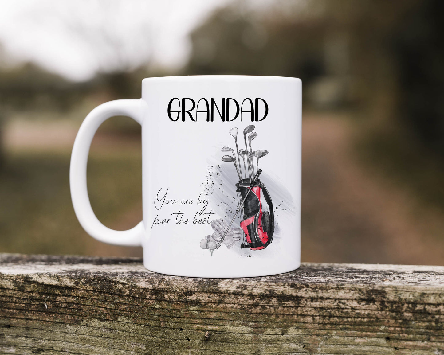Ceramic mug with a watercolour golf bag and clubs design, the text reads 'You are by par the best' Can be personalised