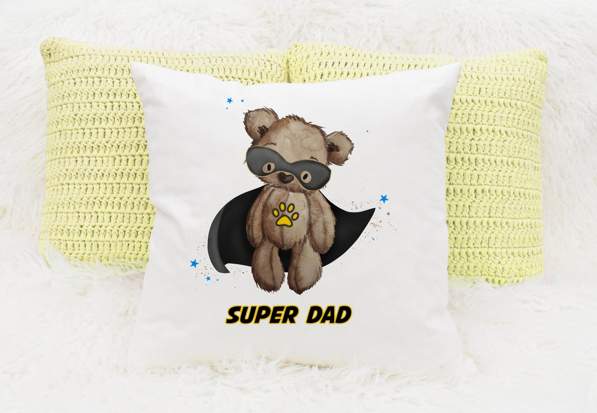 Square cushion featuring a teddy bear wearing a black cape and a black eye mask design. The text reads 'Super dad'
