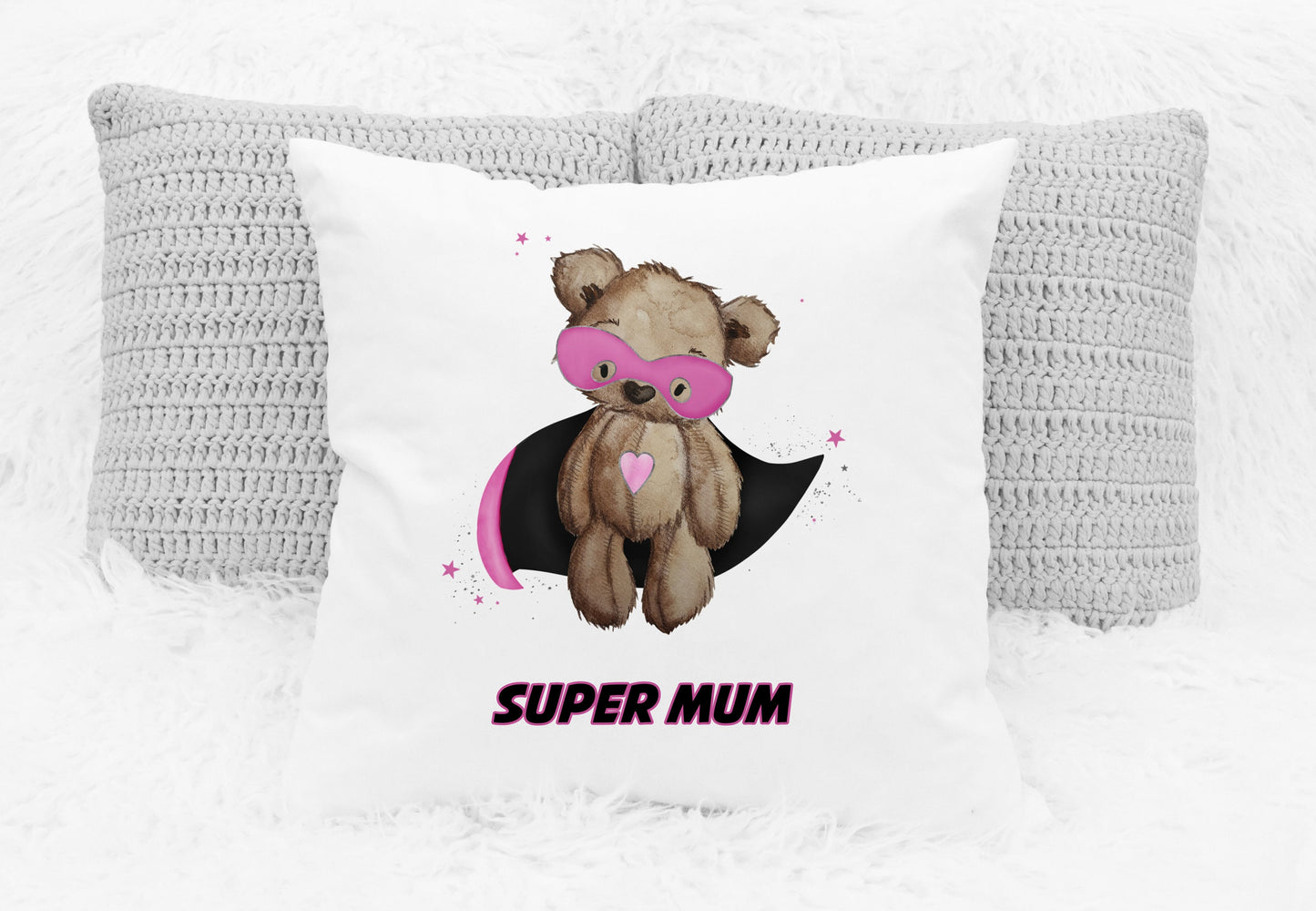 Personalised Gift Cushion For Her | Super Mum, Grandma | Teddy Bear Design