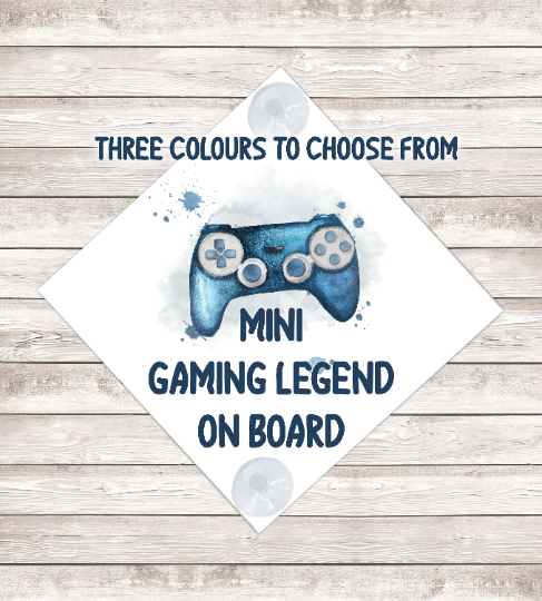 mini gaming legend on board, baby on board sign in blue