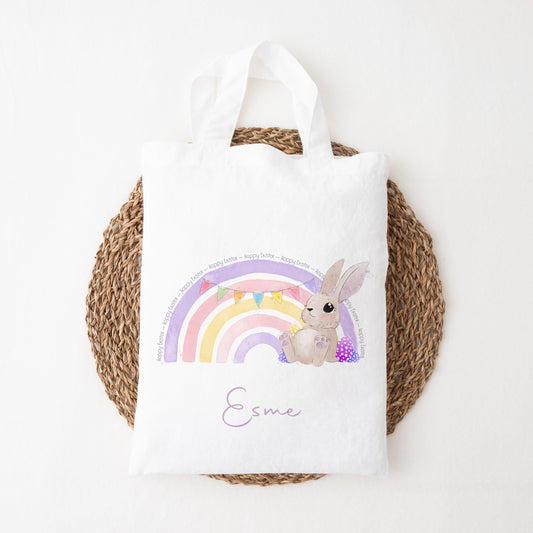 Mini tote bag featuring a lilac rainbow and an Easter bunny, personalised
