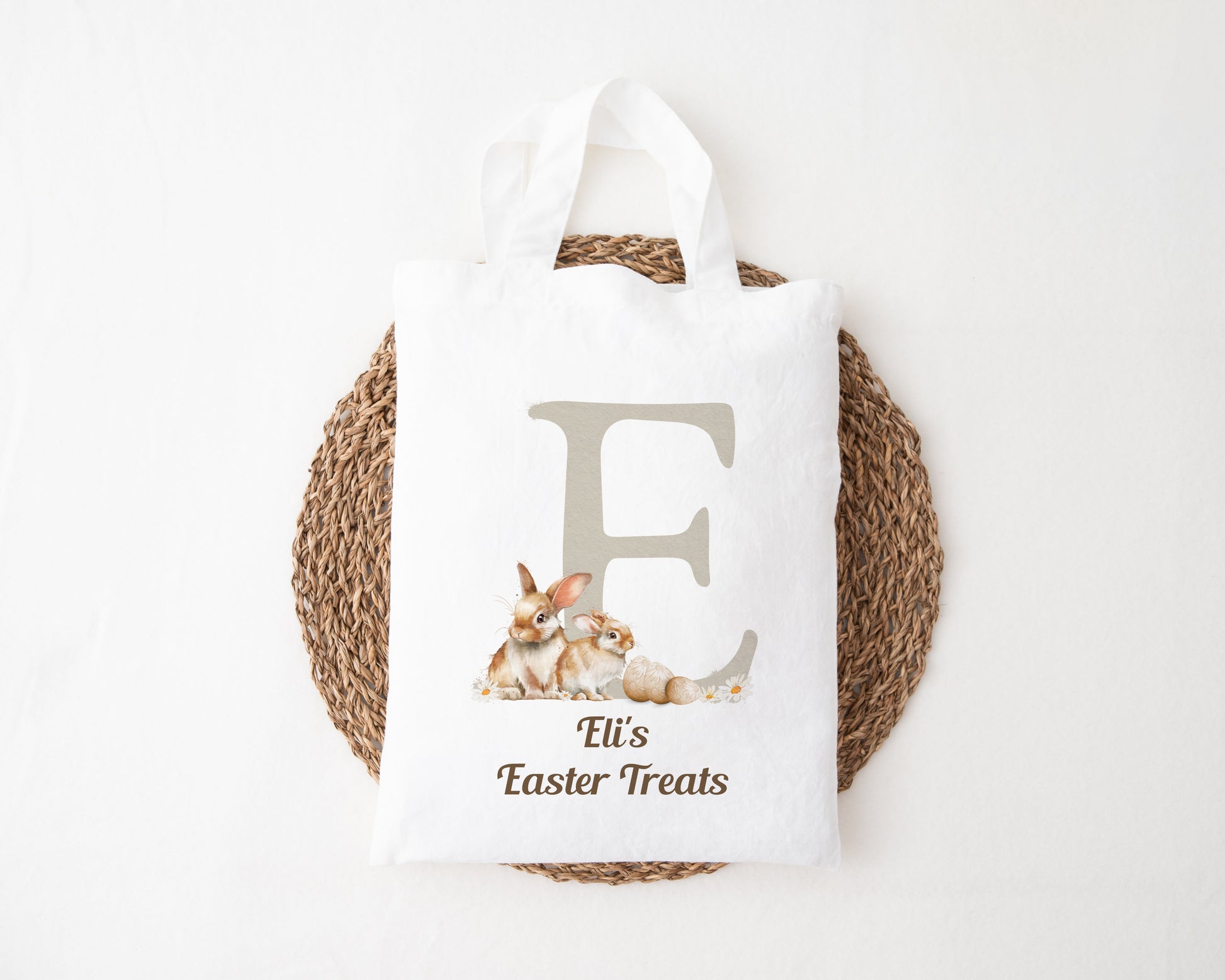 mini tote bag with bunny alphabet design for Easter egg hunts
