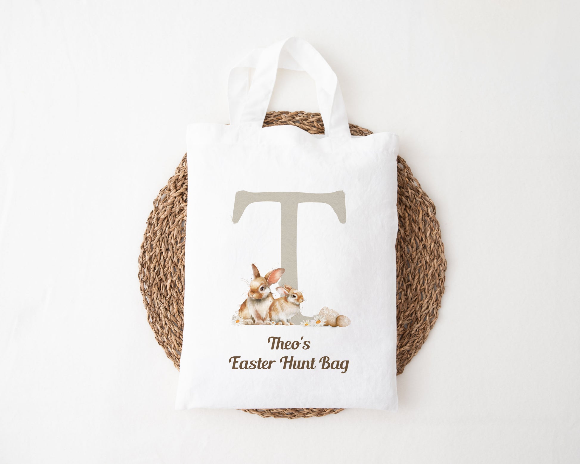 mini tote bag with bunny alphabet design for Easter egg hunts