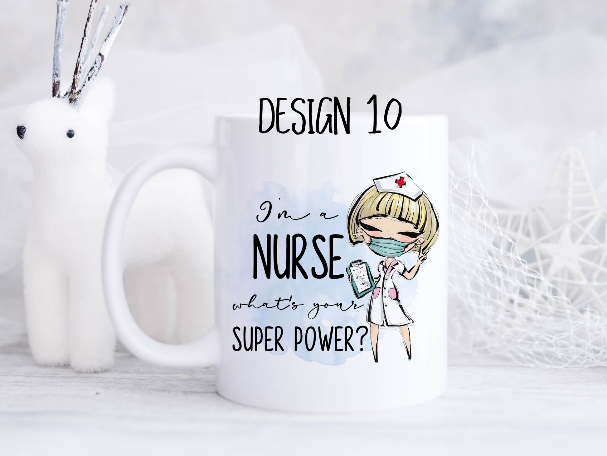 Ceramic mug featuring a nurse with blonde hair in a bob and the text 'I'm a nurse, what's your superpower?'