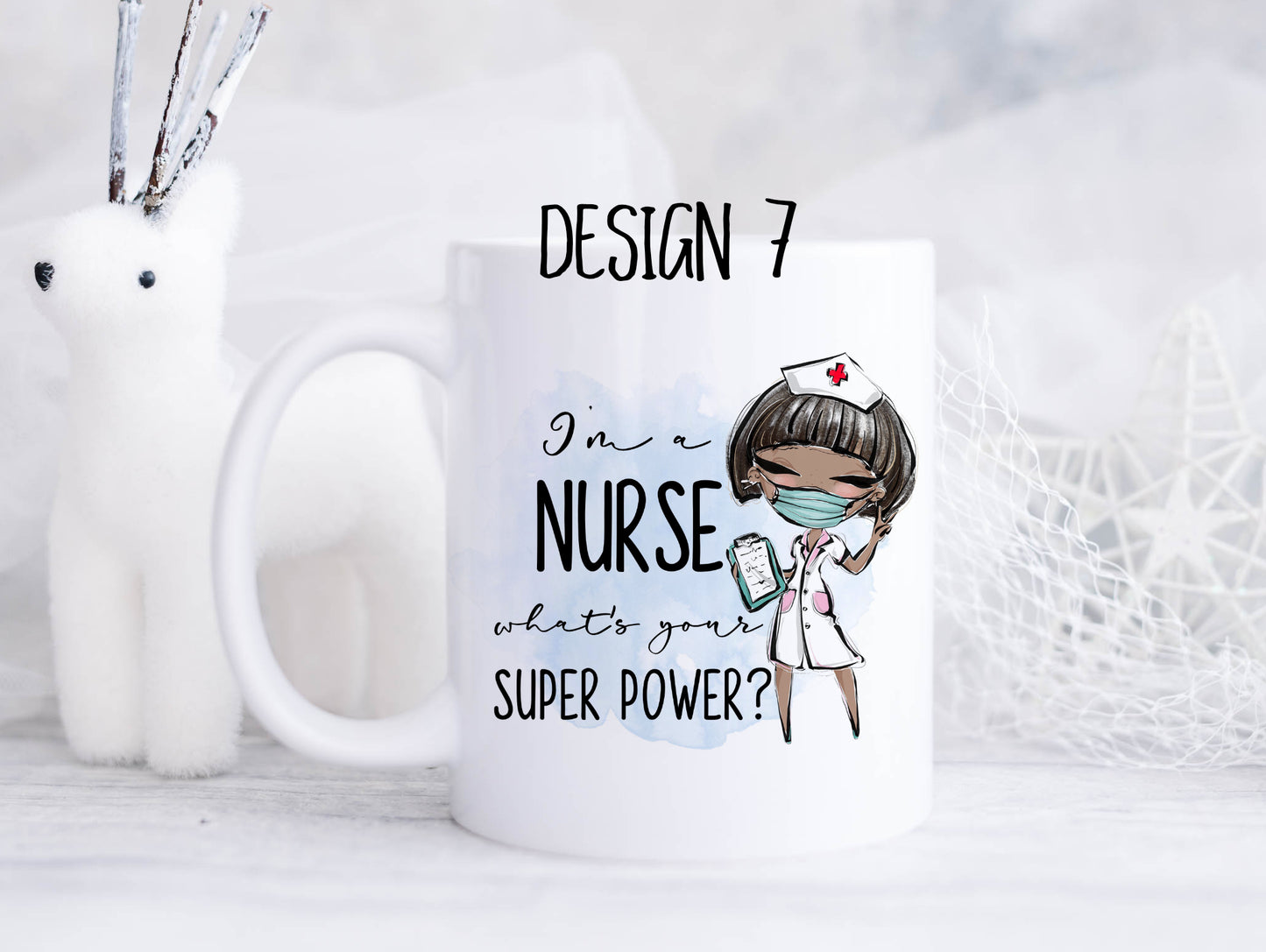 Ceramic mug featuring a coloured nurse with dark hair in a bob and the text 'I'm a nurse, what's your superpower?'