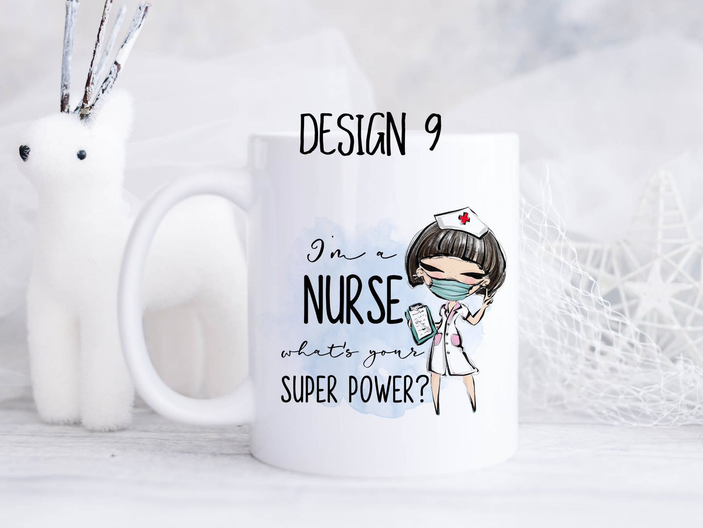 Ceramic mug featuring a nurse with dark hair in a bob and the text 'I'm a nurse, what's your superpower?'