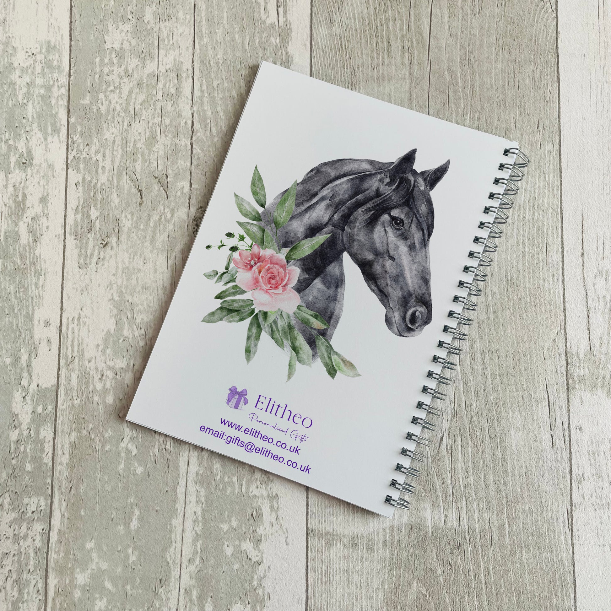 back cover notebook, personalised, horse with flowers