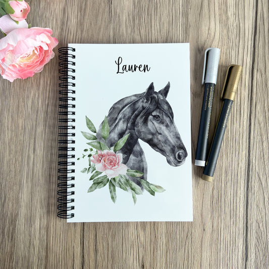 front cover notebook, personalised, horse with flowers