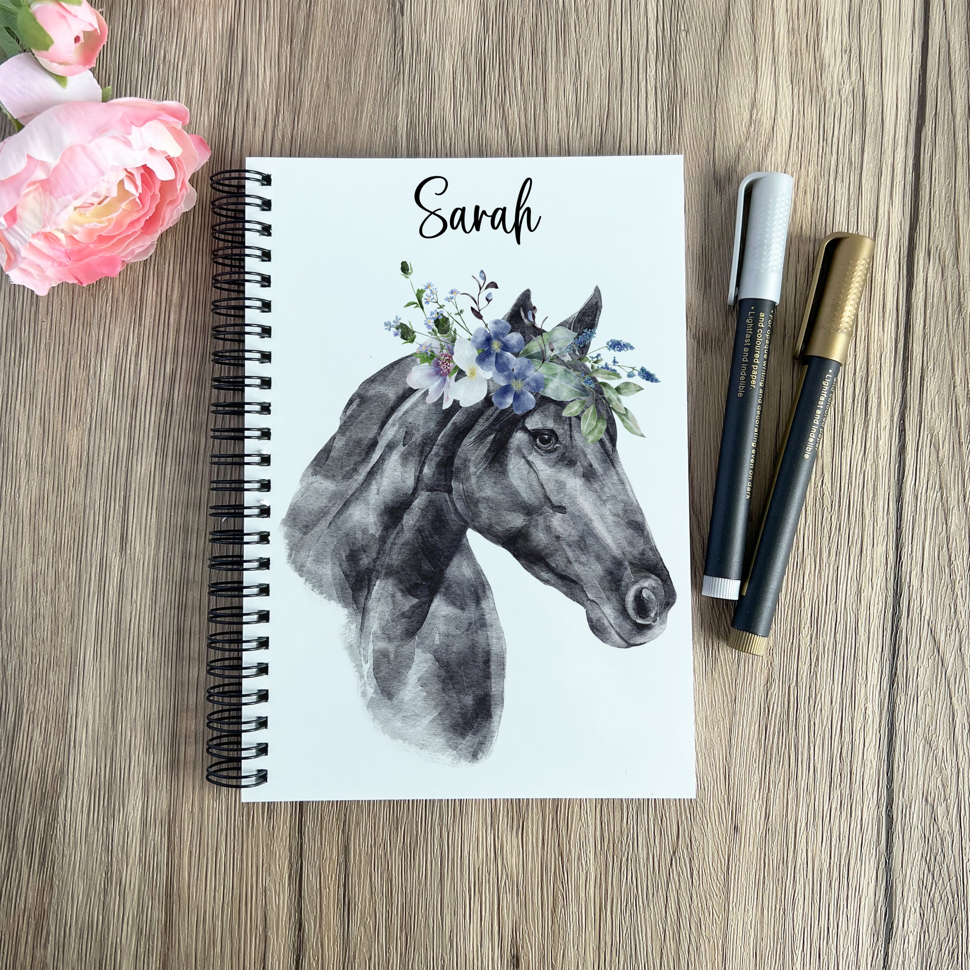 front cover notebook, personalised, horse with flowers
