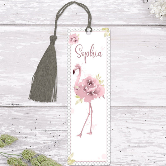 Personalised aluminium bookmark with a coloured tassel featuring a watercolour flamingo design