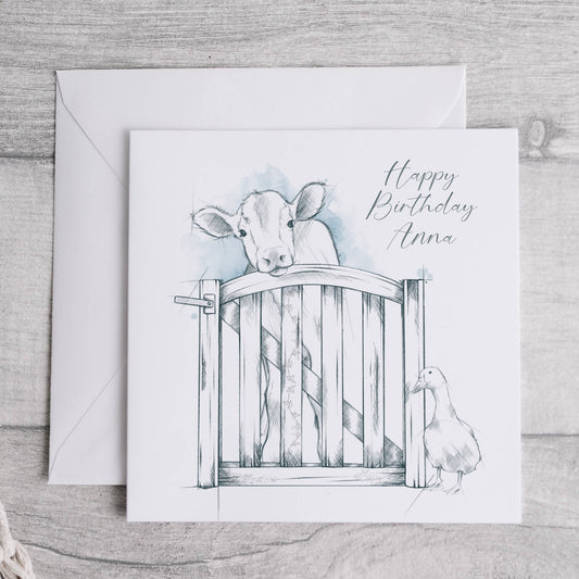 Card with sketched image of a cow and a duck, birthday card, personalised with the name Anna