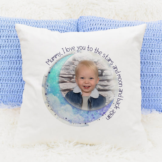 Personalised photo cushion for mum with a moon and stars image