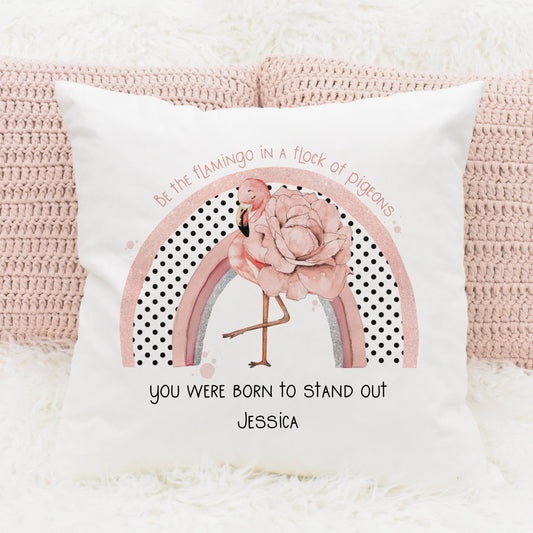Square cushion with inner, flamingo with polka dot rainbow. 