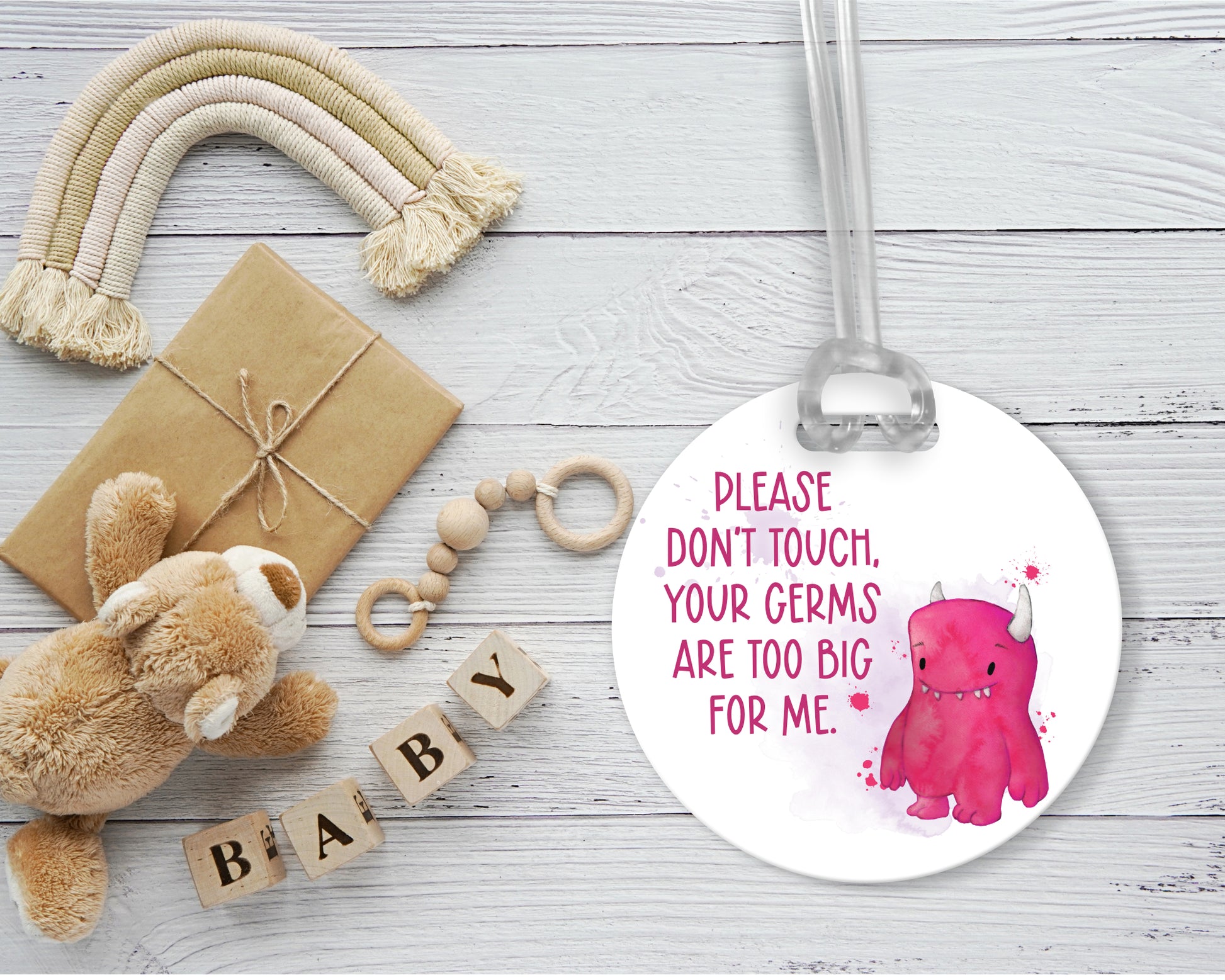 Acrylic germ tag for baby buggy in pink