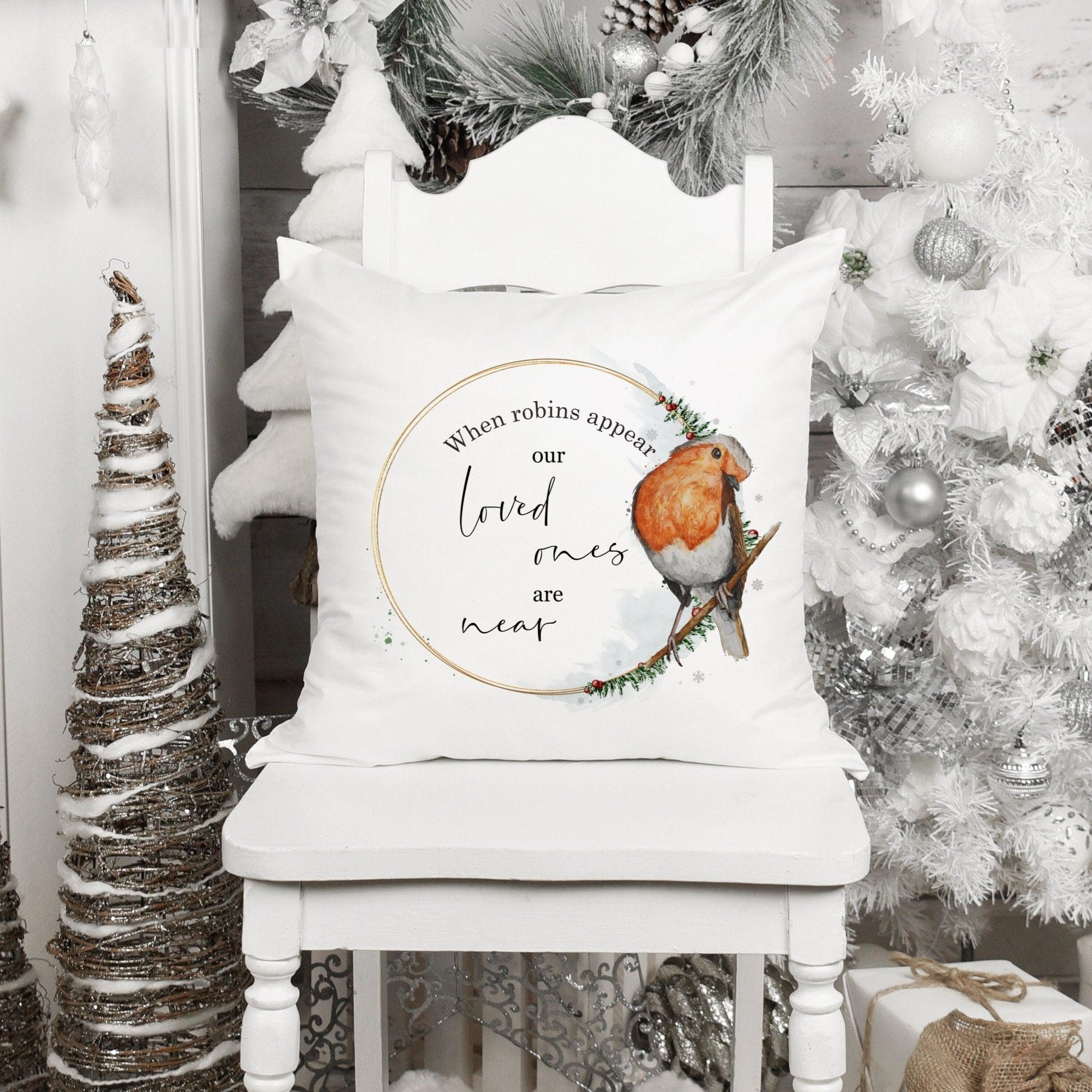 Square cushion with inner, red robin in a wreath, robins appear when loved ones are near