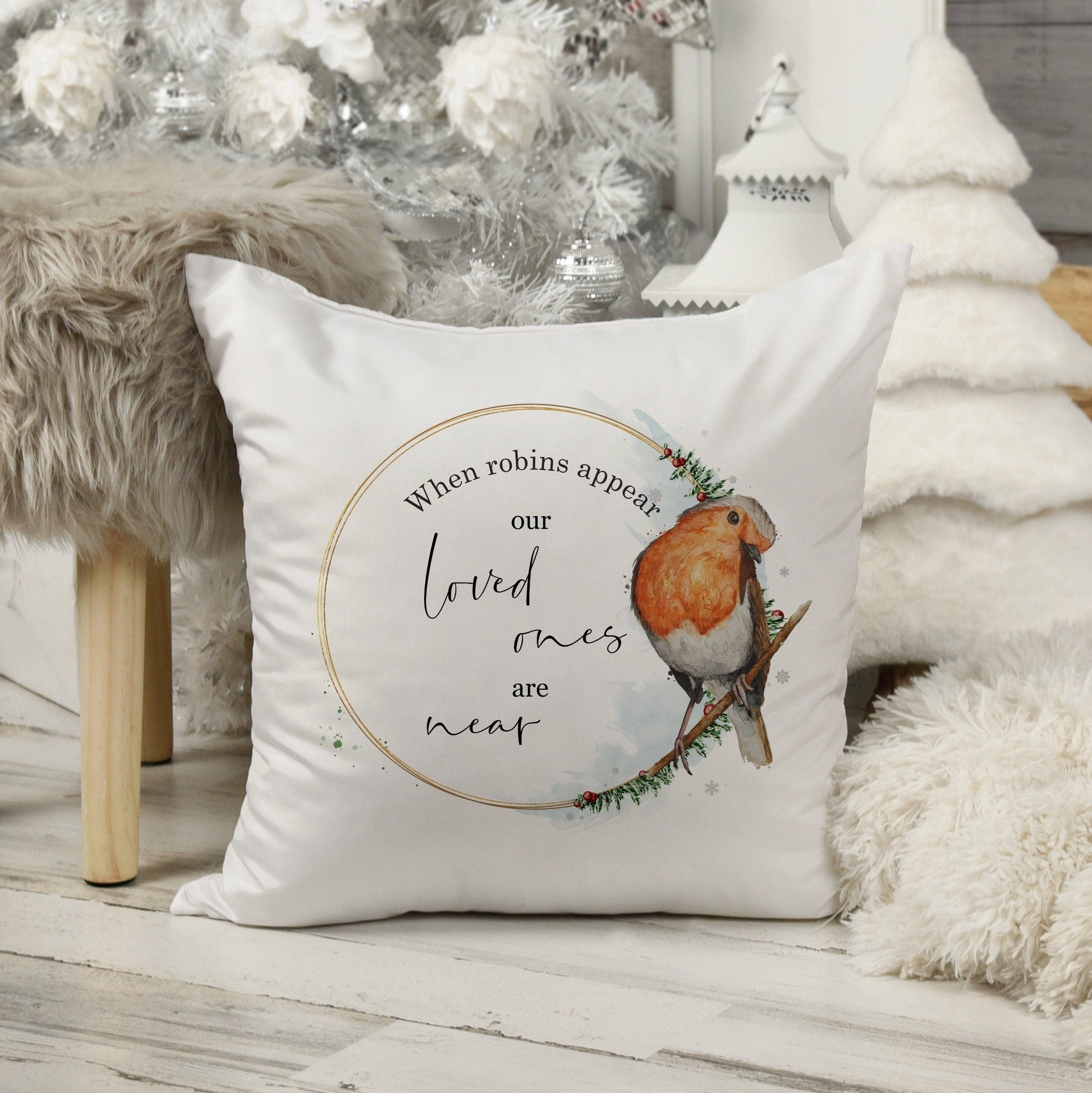 Square cushion with inner, red robin in a wreath, robins appear when loved ones are near