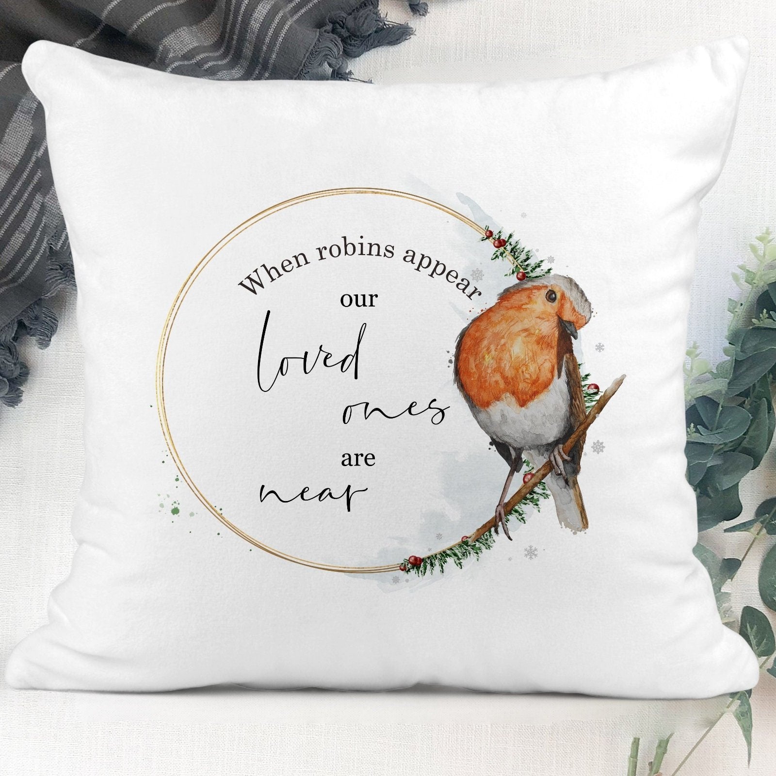 Square cushion with inner, red robin in a wreath, robins appear when loved ones are near