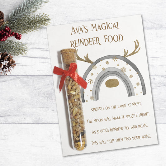 Reindeer food, wild bird seed in a plastic corked tube on a card backing with a silver and gold antler design and poem. Can be personalised