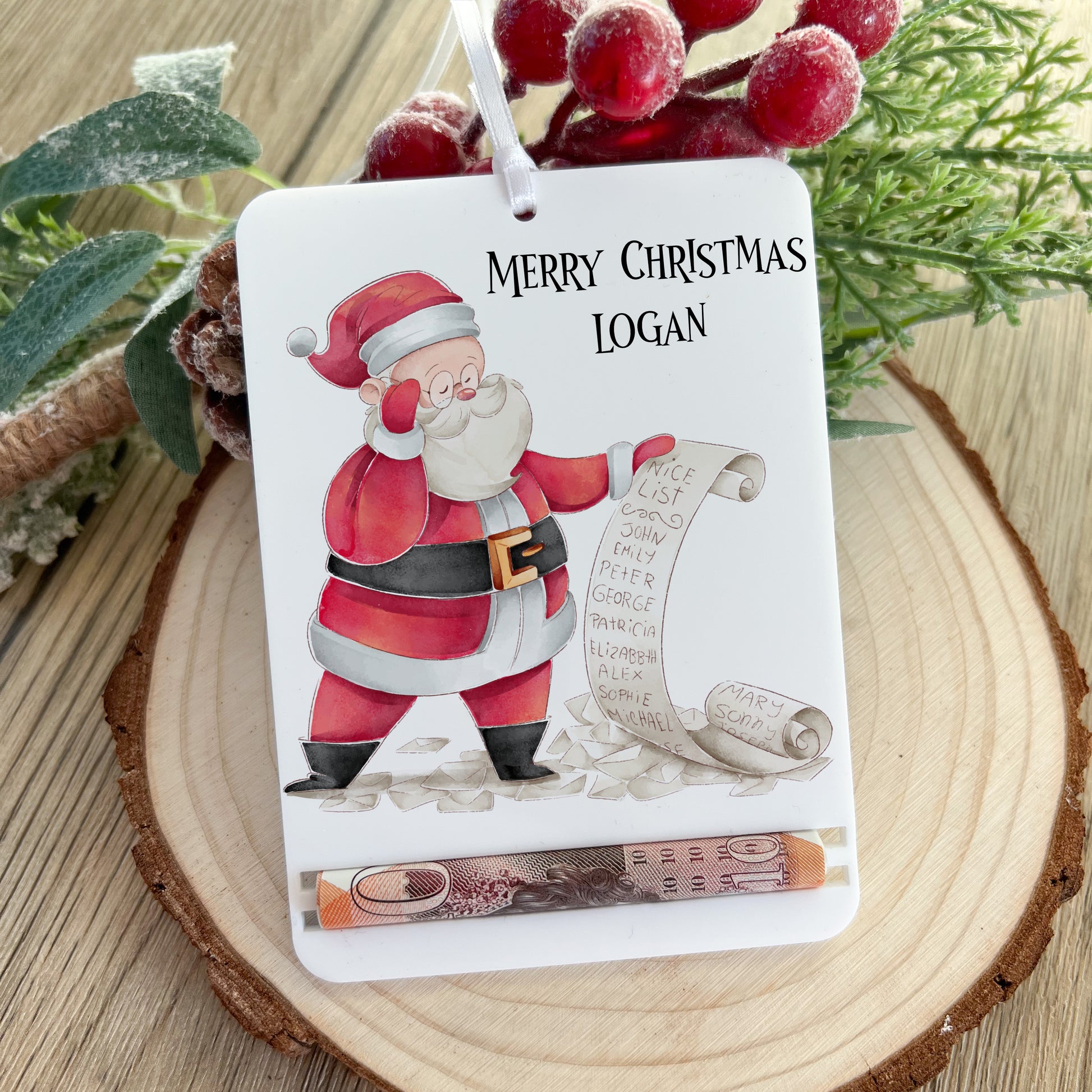 Personalised acrylic money holder, Santa Claus holding the nice list