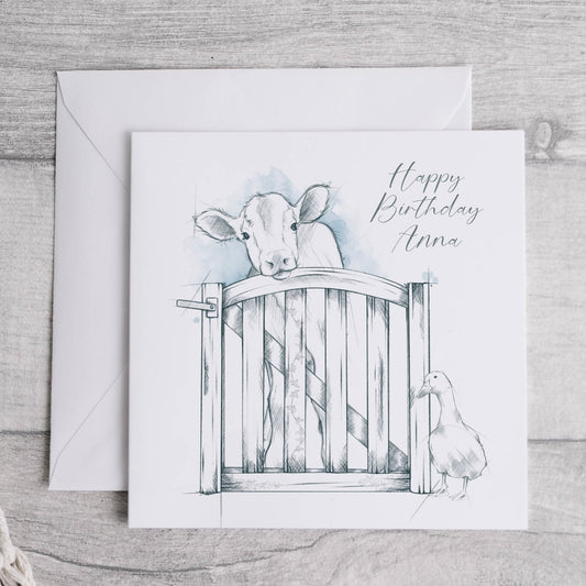 Card with sketched image of a cow and a duck, birthday card