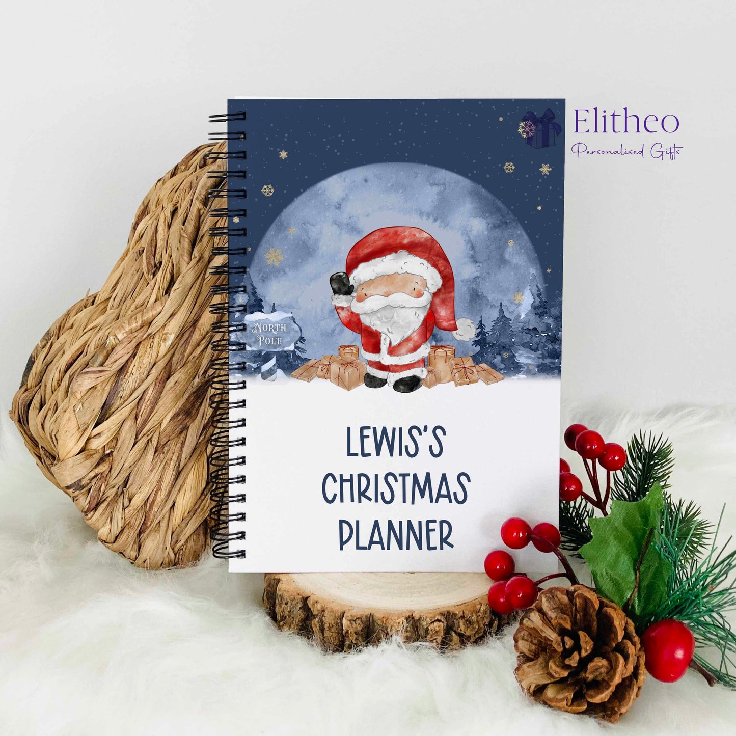 A5 notebook with an image of Santa Claus in the north pole and is personalised