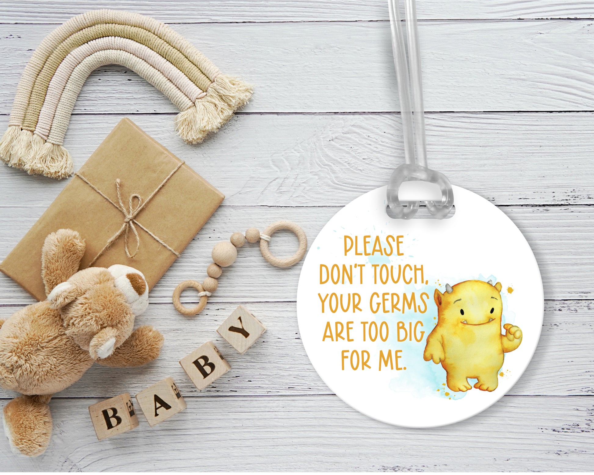 Acrylic germ tag for baby buggy in yellow